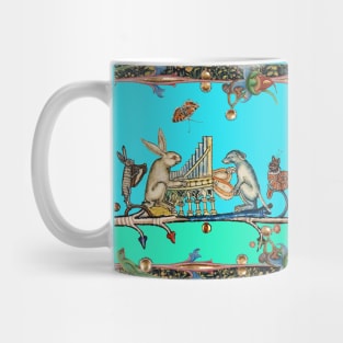 WEIRD MEDIEVAL BESTIARY MAKING MUSIC,White Rabbit And Dog Playing Organ, Harpist Hare,Snail Cat,Blue Mug